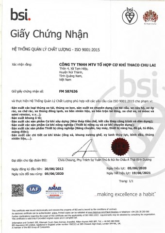 ISO 9001 - Tổ Hợp Sản Xuất & Gia Công Cơ Khí Thaco Chu Lai - Công Ty TNHH MTV Sản Xuất Khuôn Chu Lai - Trường Hải